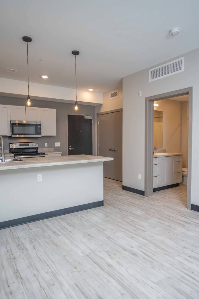 Spacious open kitchen with stainless-steel appliances and refrigerator at Diamond Place I in Grand Rapids, Michigan