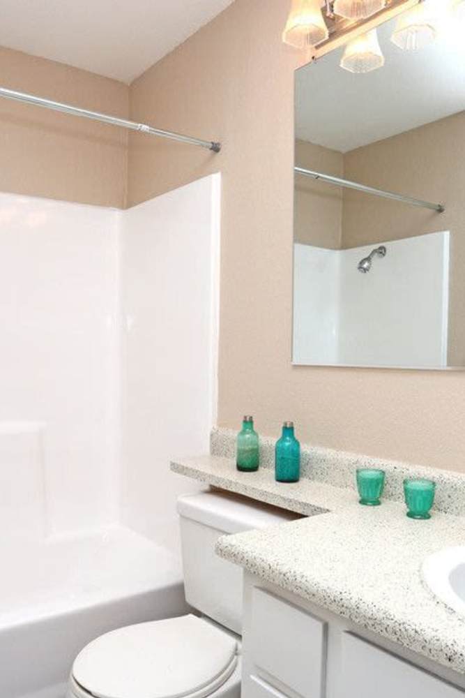 Bathroom with a vanity mirror at Willow Grove in Modesto, California