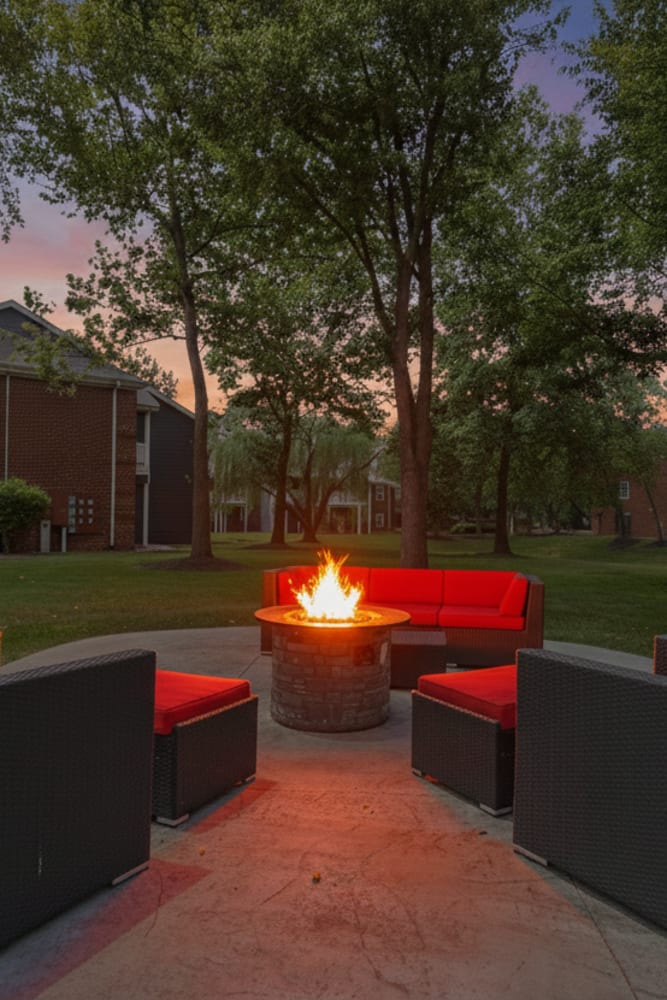 Community patio with burning fire pit at Hunters Point in Zionsville, Indiana