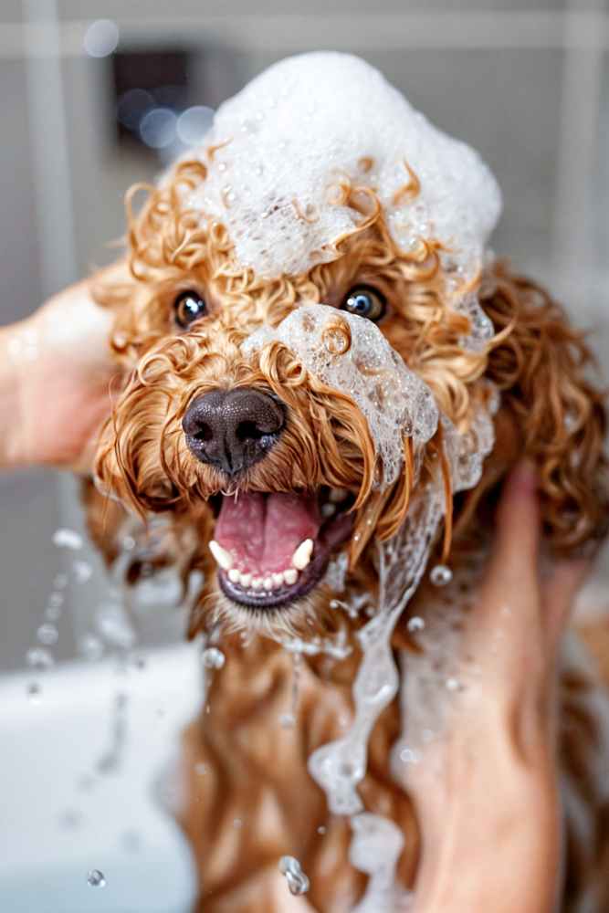 Brown dog getting a bath at Romero Apartments in Pensacola, Florida