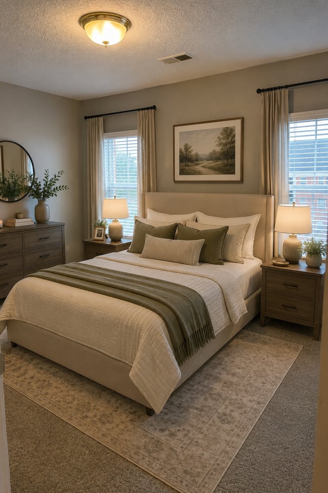 Furnished Bedroom at Meridian Oaks Apartments in Greenwood, Indiana