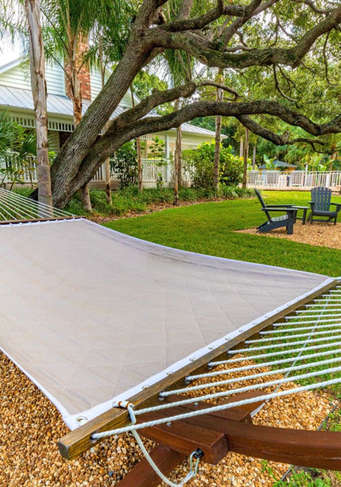 A hammock and outdoor seating at Mode at Ballast Point in Tampa, Florida