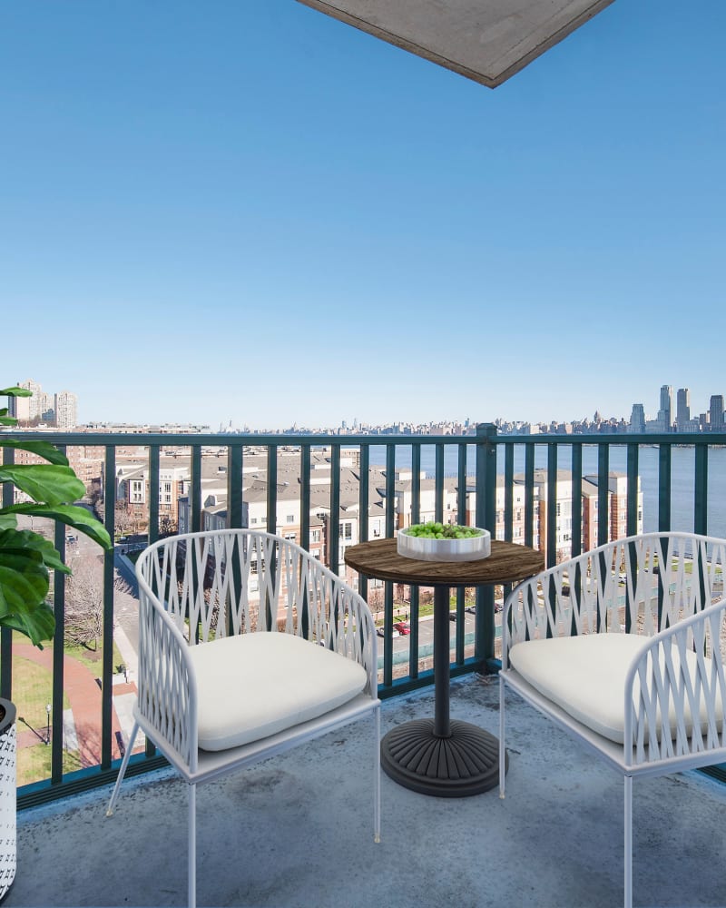 Balcony views at Riverbend at Port Imperial in West New York, New Jersey