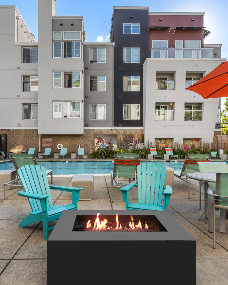 Fireplace with seating at The Bridge at Emeryville in Emeryville, California