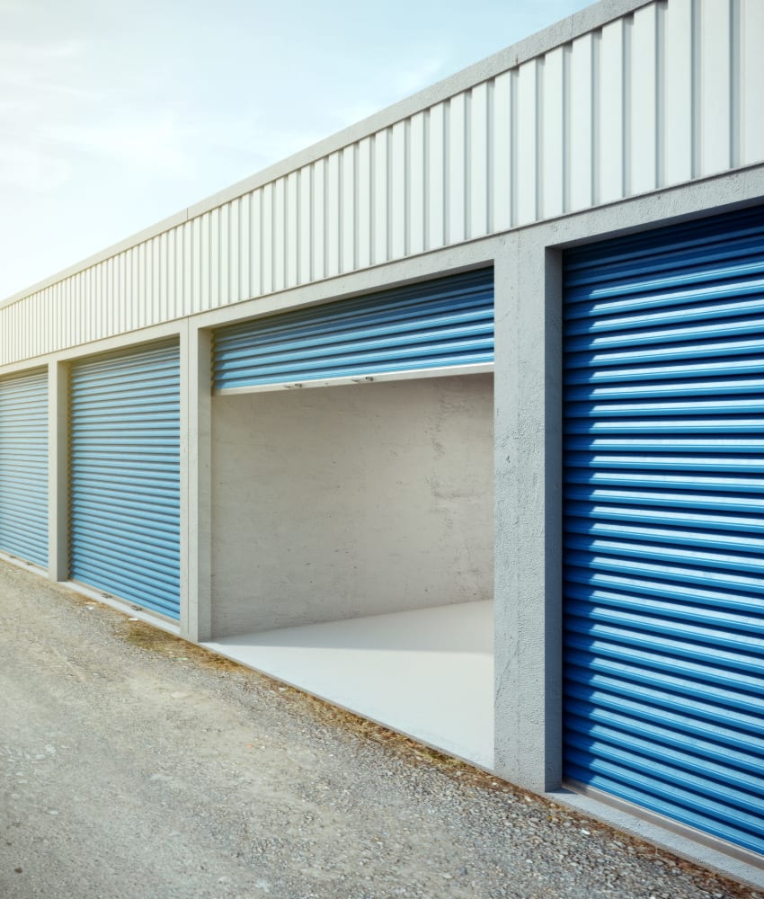 blue doors on outdoor units at American Self Storage – Clayton Downtown in Clayton, North Carolina