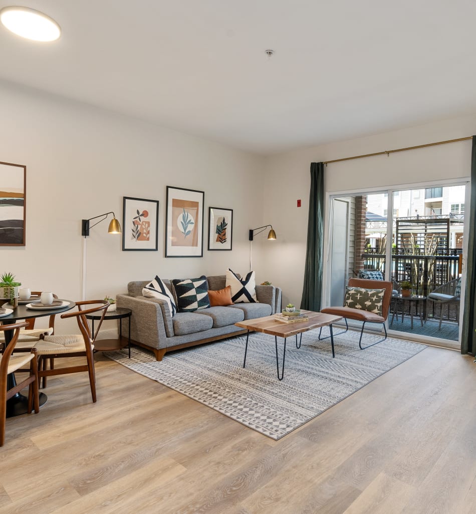 Open-concept living area in a model home at Sofi Parc Grove in Stamford, Connecticut