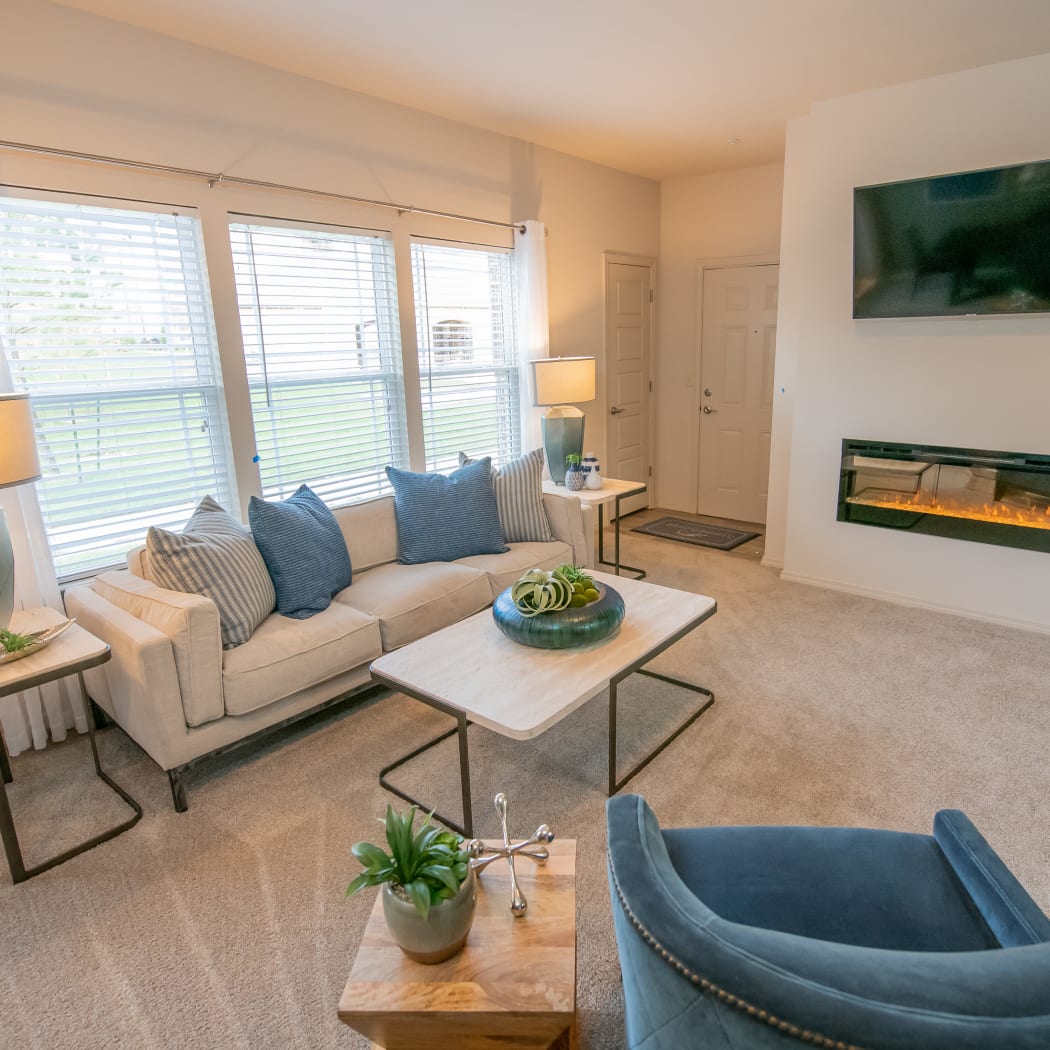 LED fireplaces at Bend at New Road Apartments in Waco, Texas