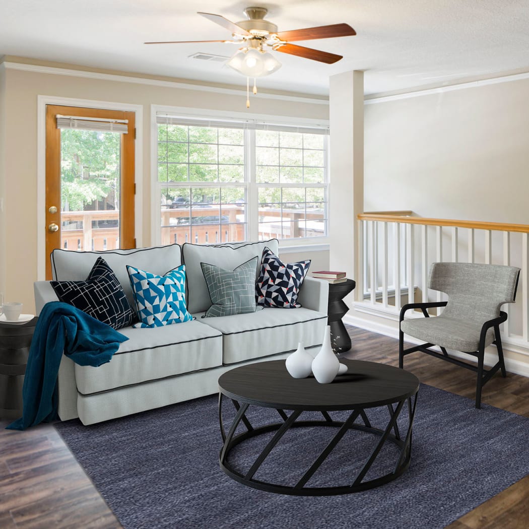 An apartment living room at Timberlawn Crescent in North Bethesda, Maryland.