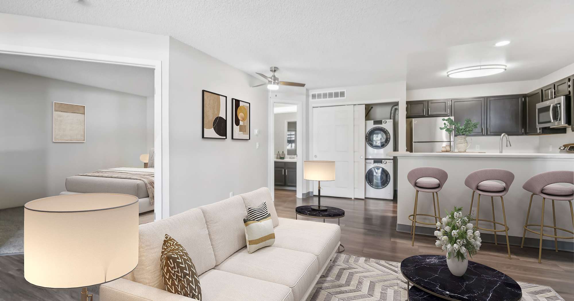 Living Room View with Bedroom and Kitchen at Bluesky Landing Apartments in Lakewood, Colorado