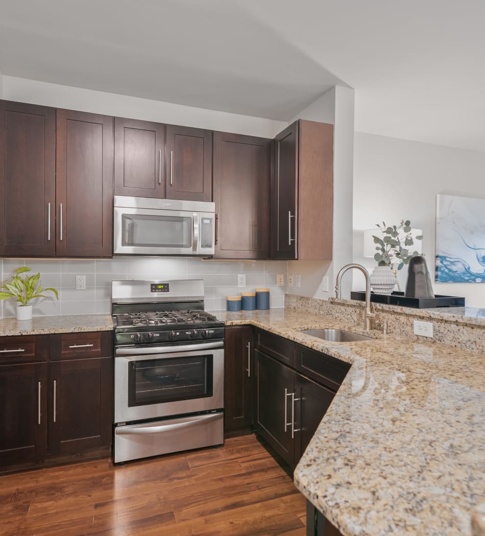 Large kitchen area in a model home at Sofi Gaslight Commons in South Orange, New Jersey