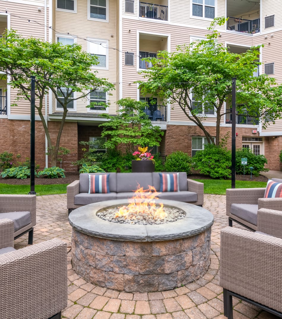 Barbecue area with gas grills near the swimming pool at Sofi Gaslight Commons in South Orange, New Jersey