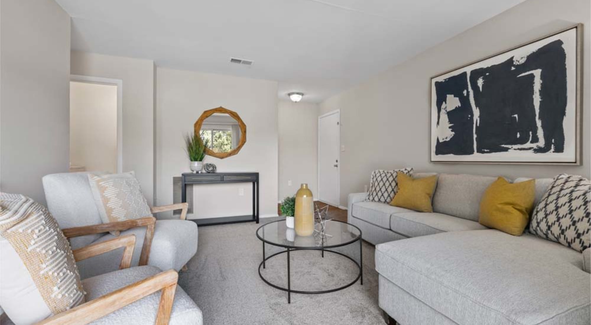 Luxurious model apartment living room at Runaway Bay Apartments in Virginia Beach, Virginia