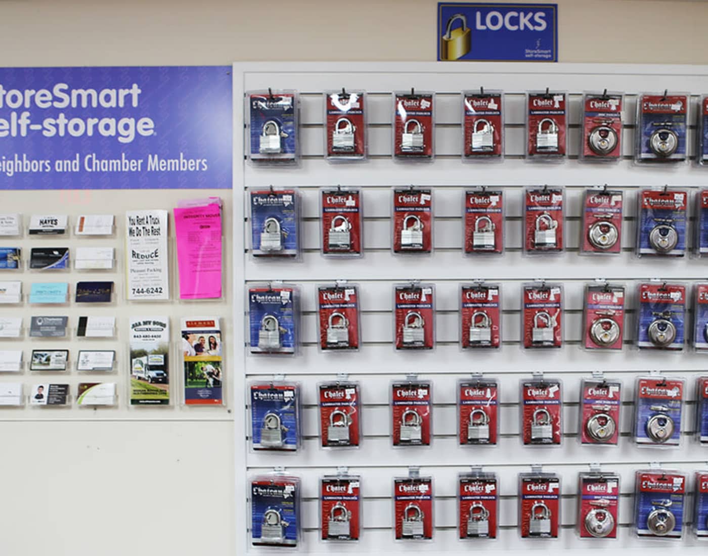 Wall of locks for sale at StoreSmart Self-Storage in Columbia, South Carolina