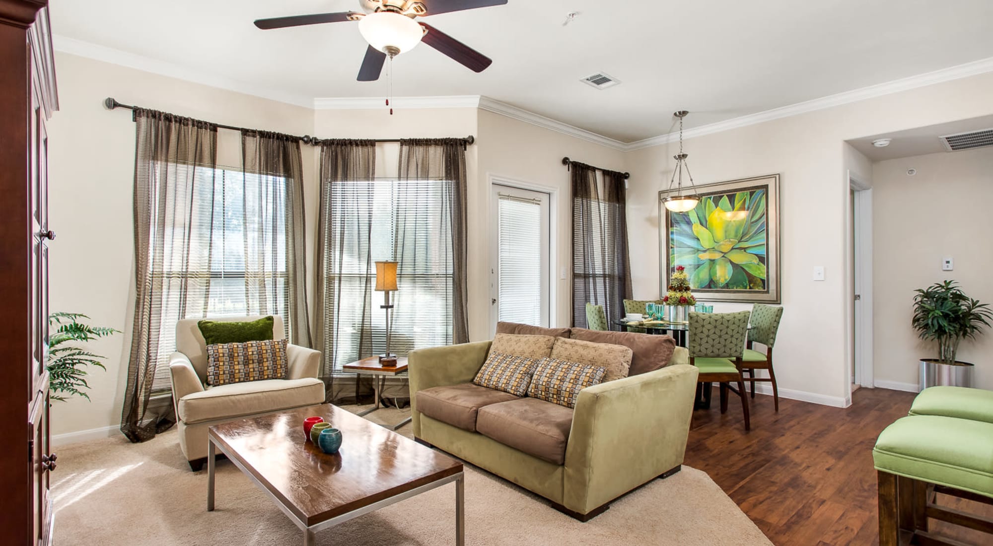 Living room with windows at Onion Creek