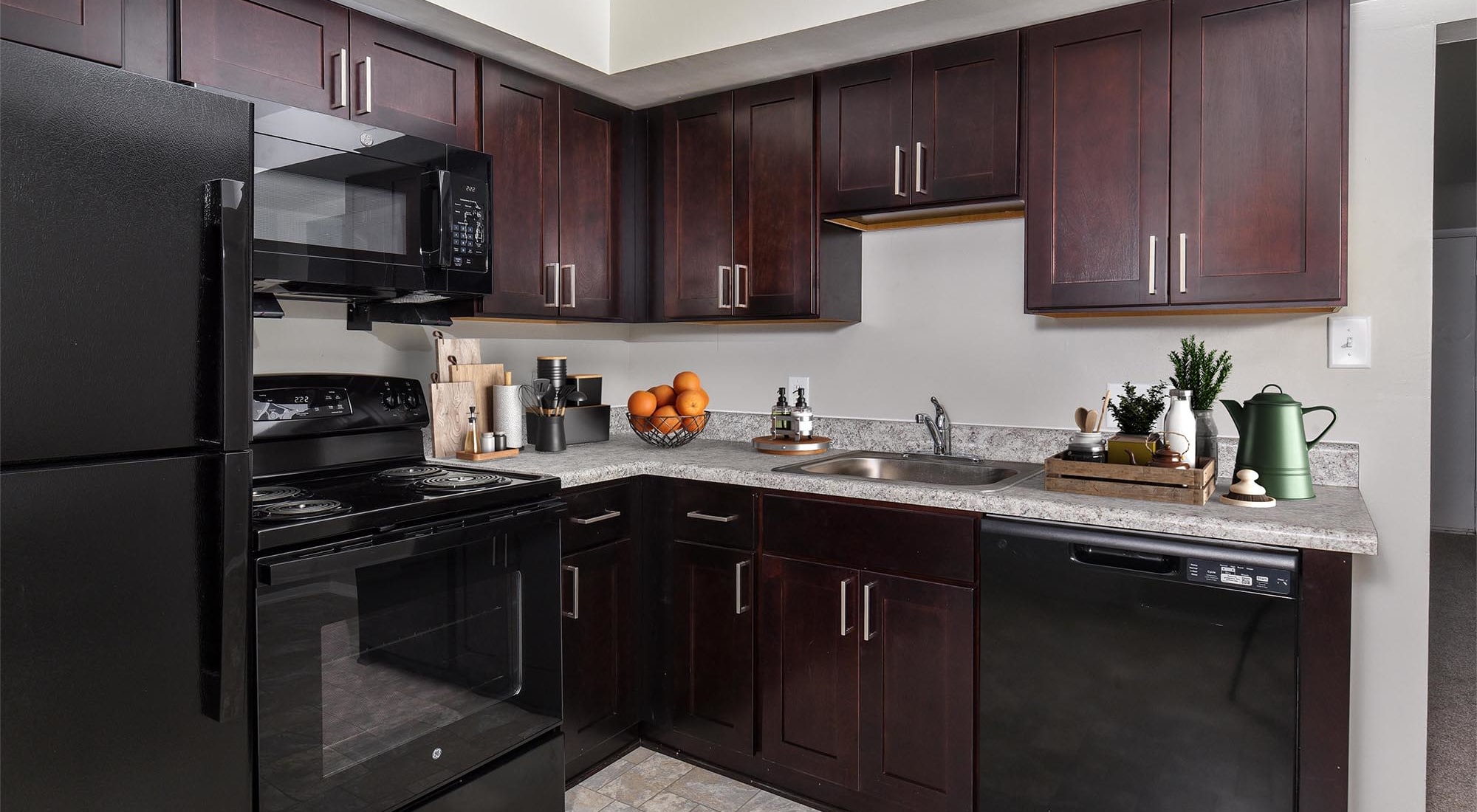 Model kitchen in an apartment at James River Pointe, Richmond, Virginia