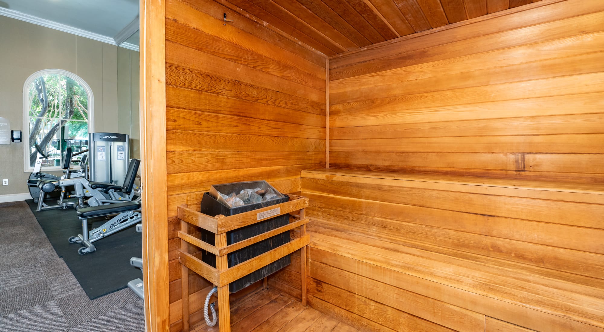 Sauna with view of fitness center at Briargrove at Vail