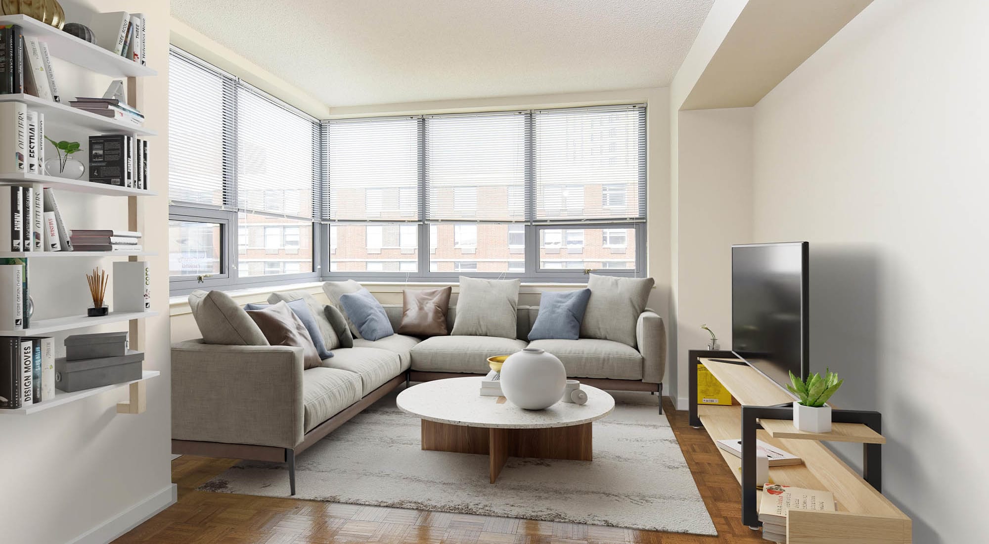 Living room with corner window at The George New Brunswick, New Brunswick, New Jersey