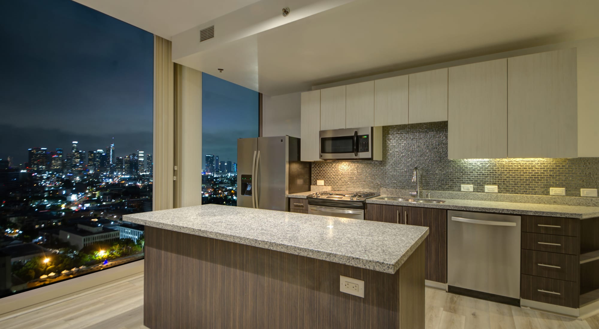 Kitchen with city view at Apartments in Los Angeles, California