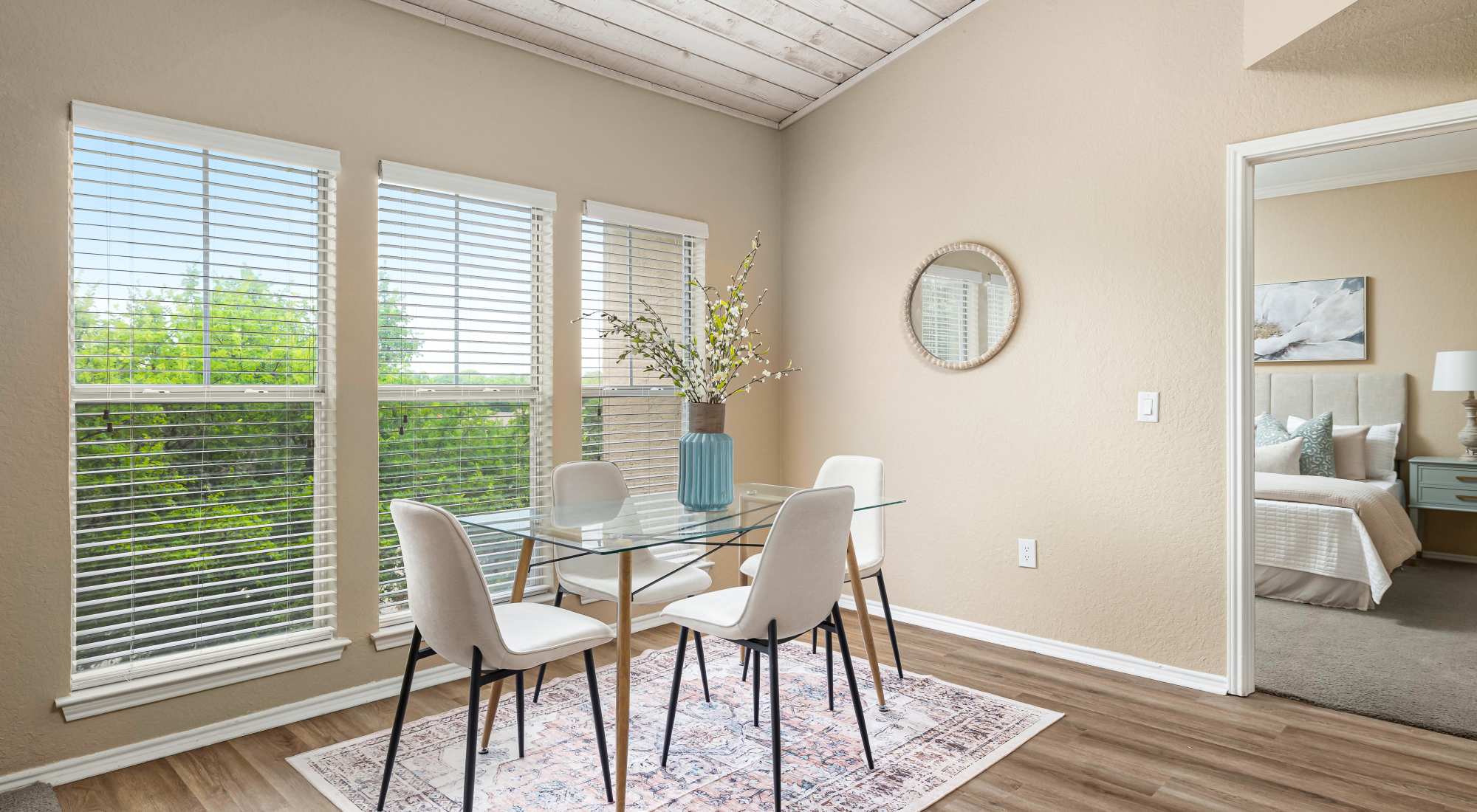 Dining room with fireplace at Villas at Oakwell Farms