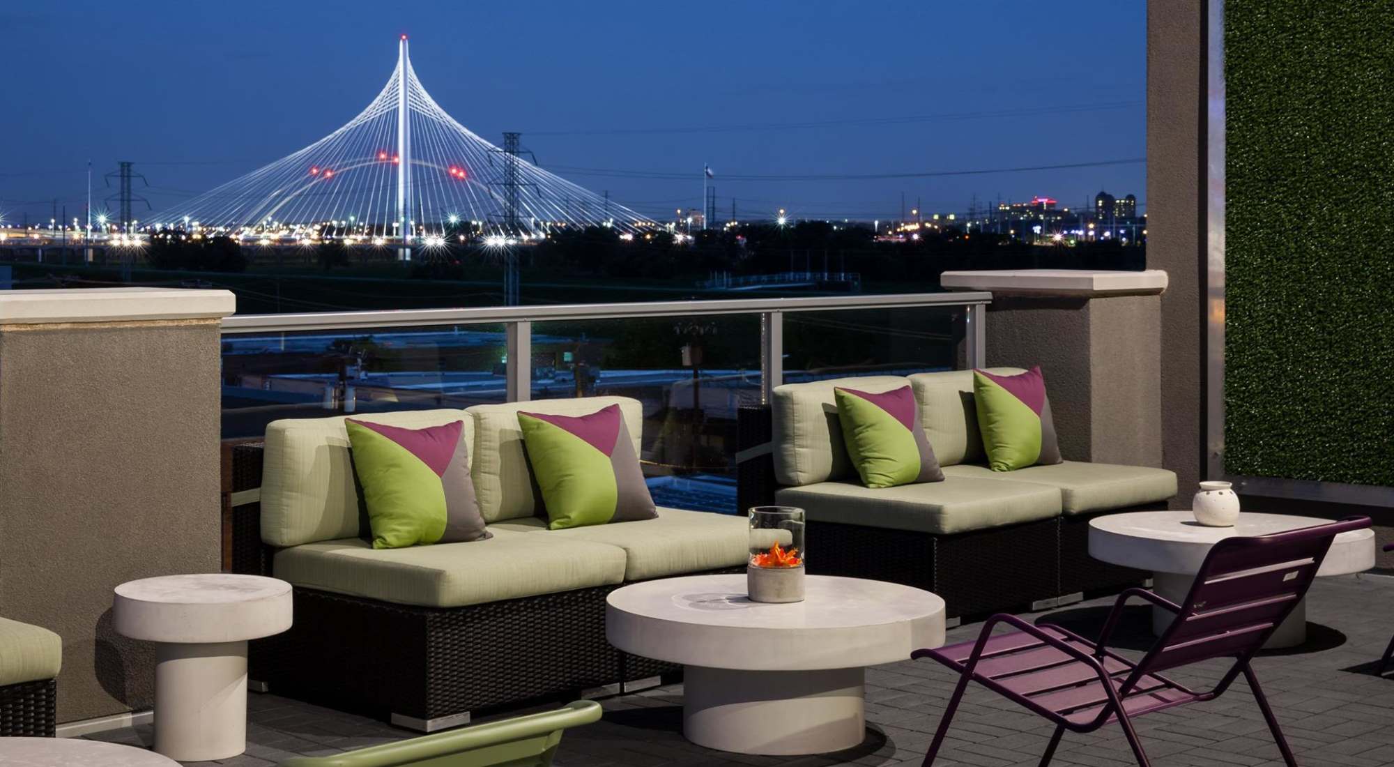 Sky Lounge view of Dallas and the Trammel Crow Bridge at Factory Design District in Dallas, Texas