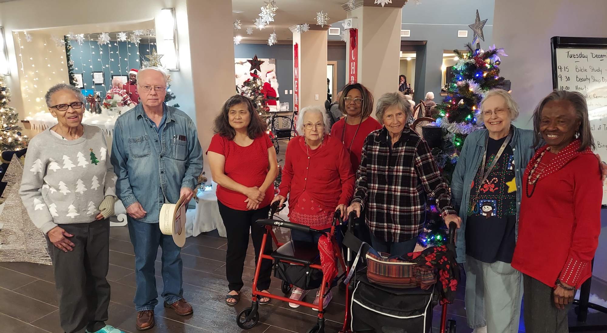 Seniors enjoying a fun christmas party with christmas and winter decorations.