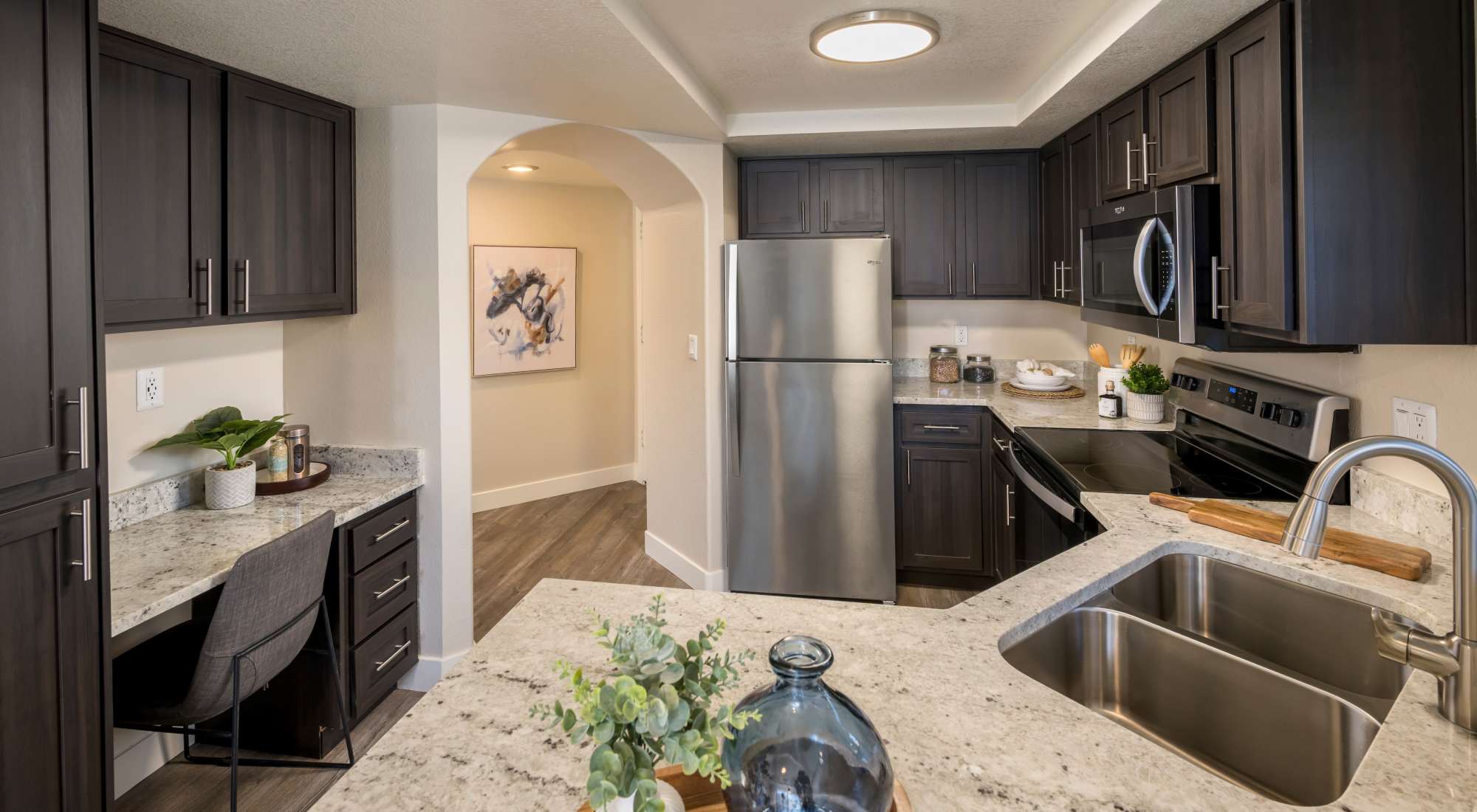 View of kitchen at stainless steel appliances at San Marin at the Civic Center