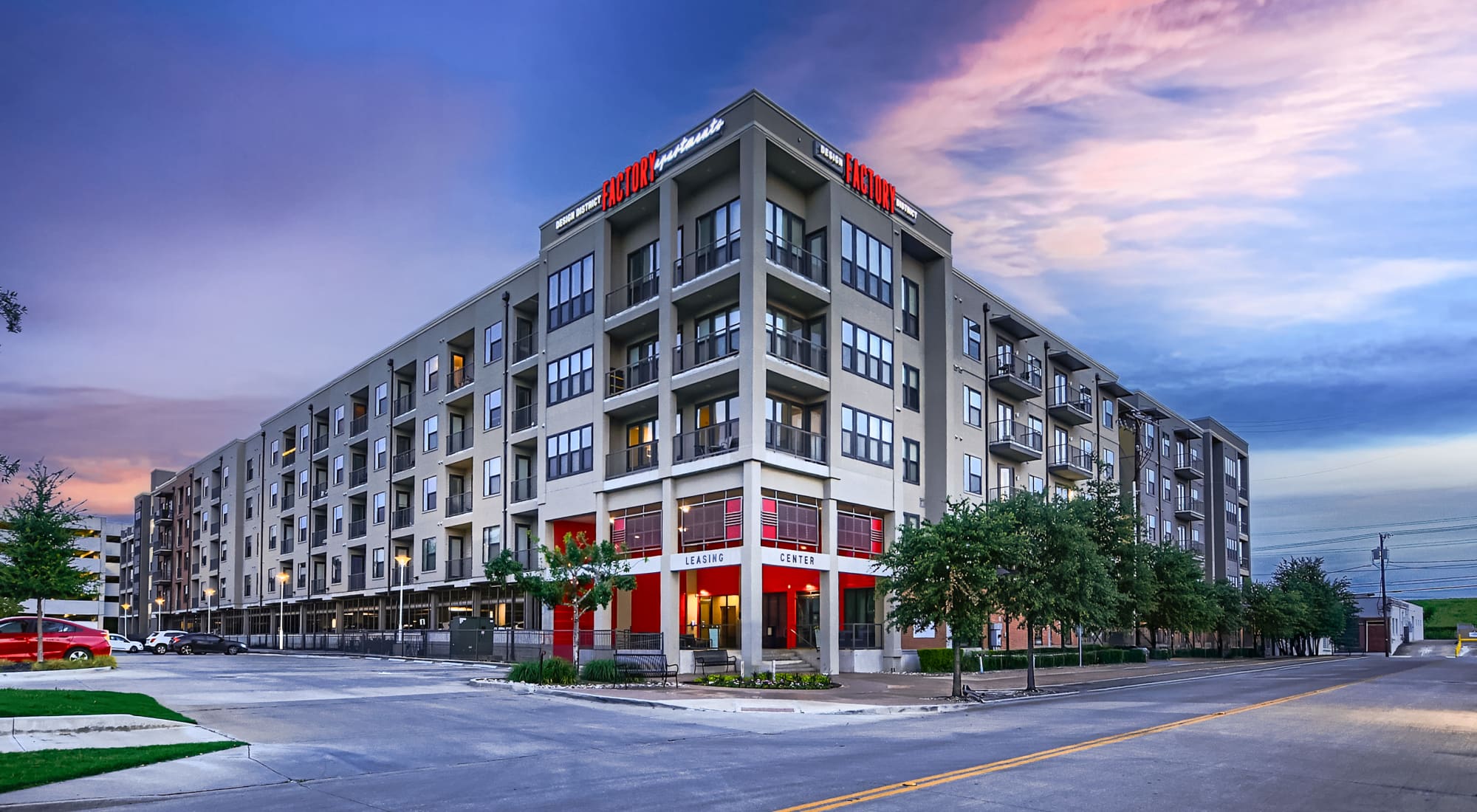 Factory building exterior at twilight Map + Directions | Factory Design District in Dallas, Texas