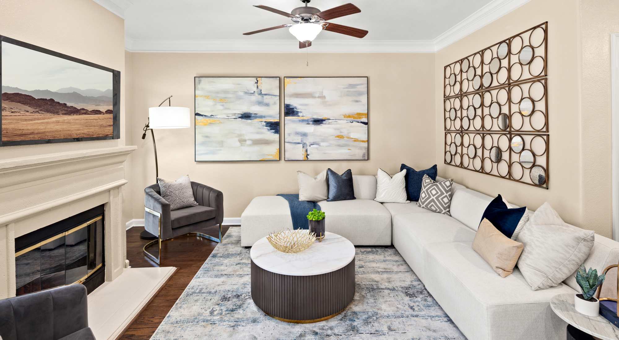 Living room with fireplace at Villas at Parkside