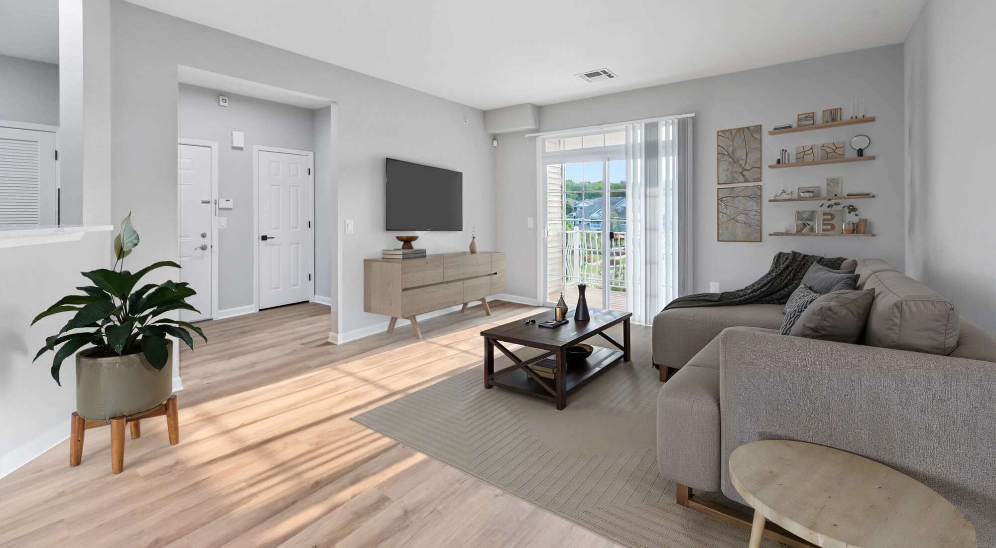 Living Room with Patio Access at Aspen Court, Piscataway, New Jersey