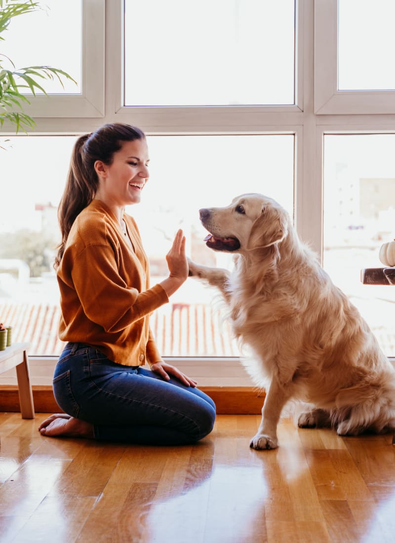 Resident high fiving her dog at Marquis at Canyon Ridge in Austin, Texas