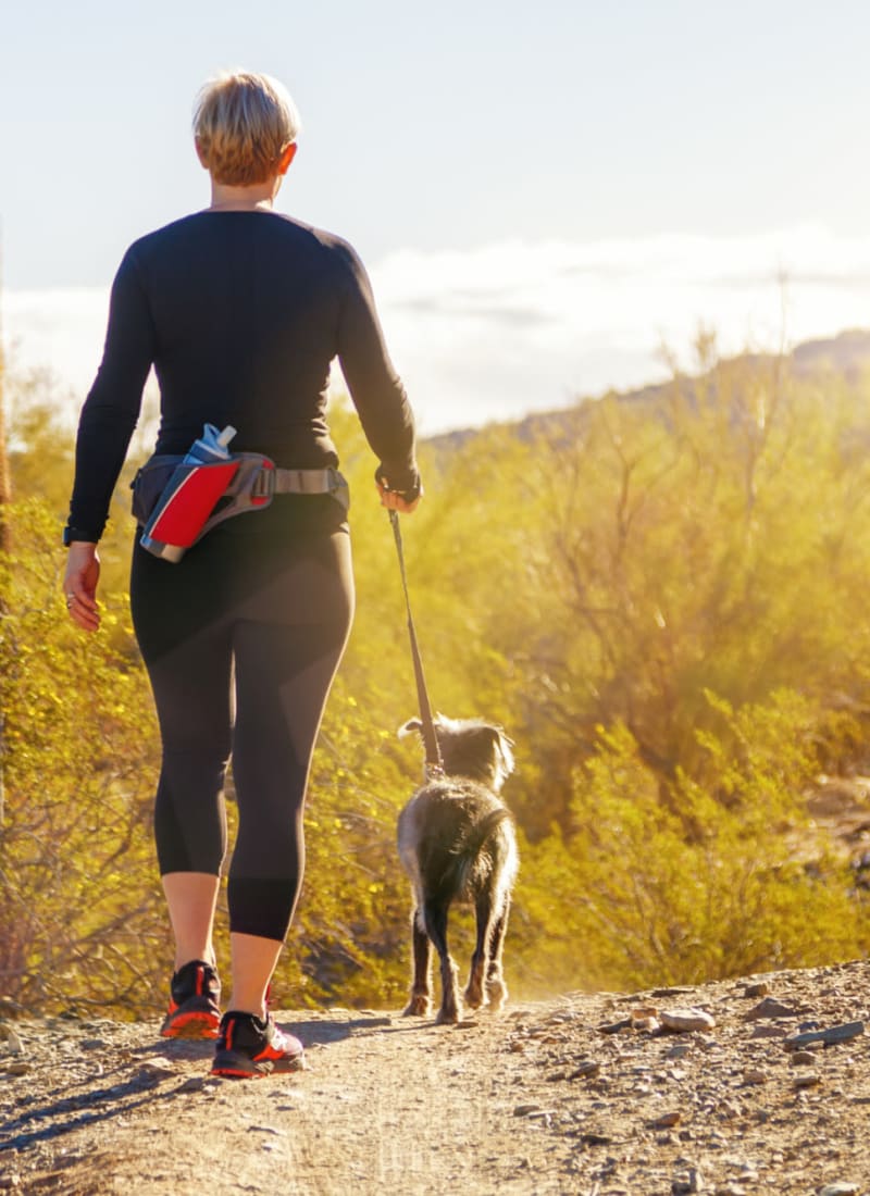 Resident walking her dog near Marquis at Crown Ridge in San Antonio, Texas