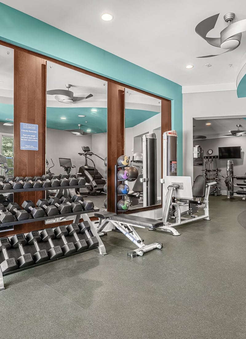Fitness center featuring treadmills at Marquis at Morrison Plantation in Mooresville, North Carolina