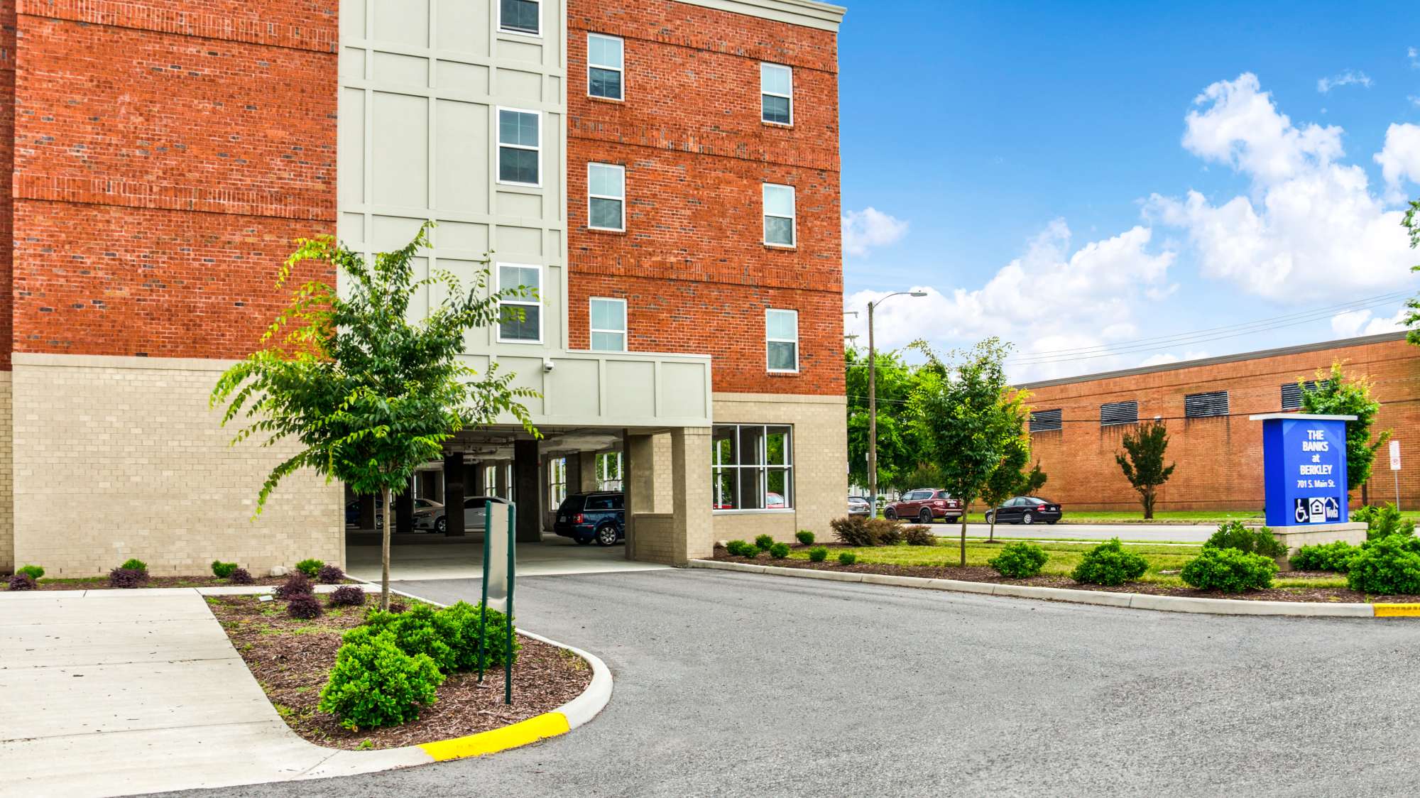 Exterior shot of the apartment building at The Banks At Berkley in Norfolk, Virginia