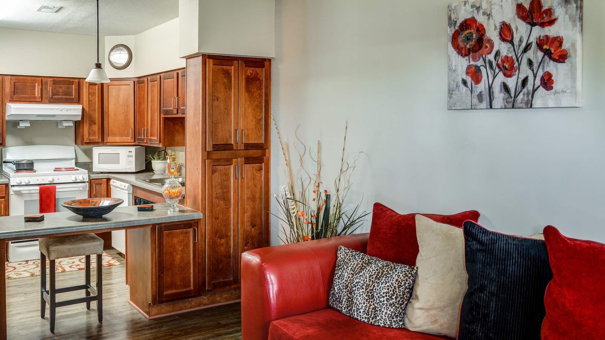 View of the kitchen from the living room at The Banks At Berkley in Norfolk, Virginia