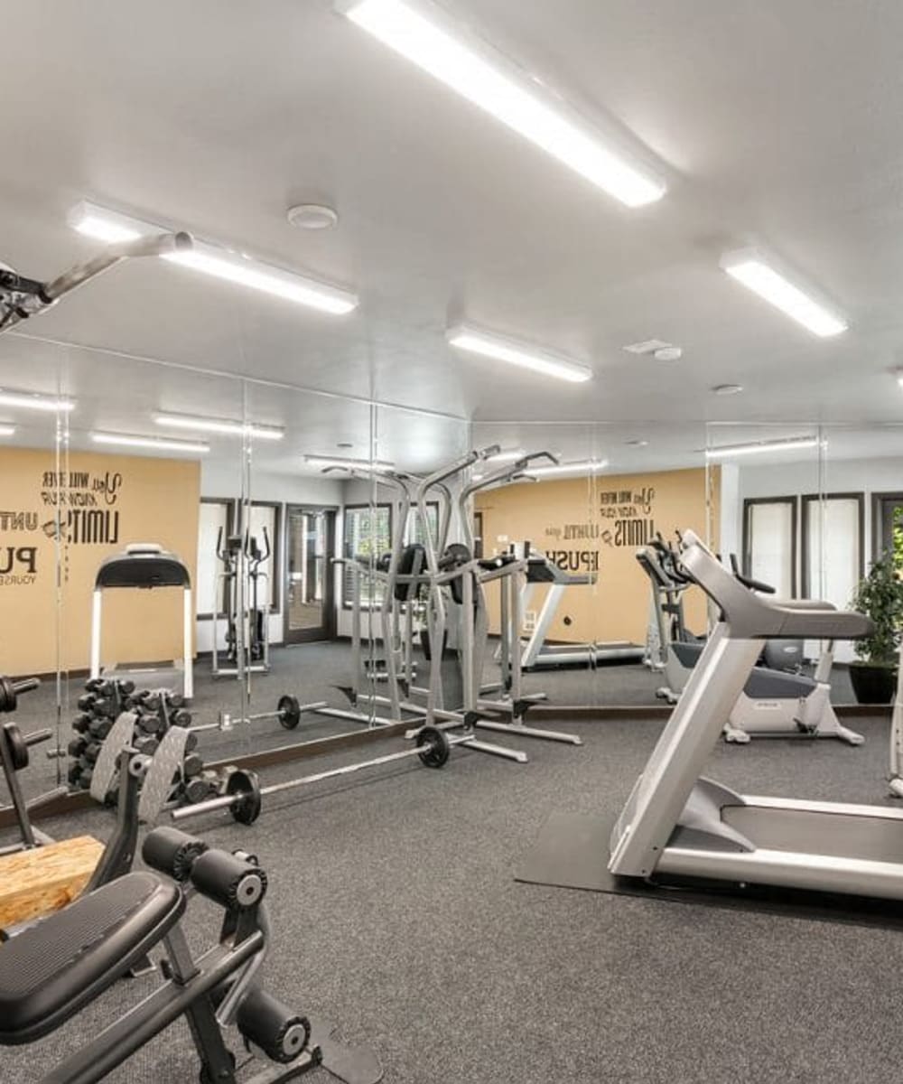 Large fitness center at Madison Park Apartments in Bothell, Washington