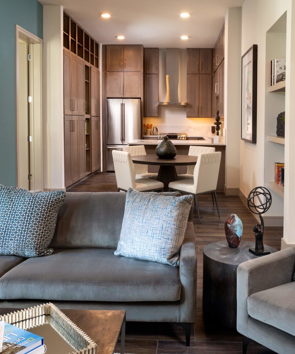 Spacious, open-concept apartment with stainless steel appliances at Instrata at Legacy West in Plano, Texas