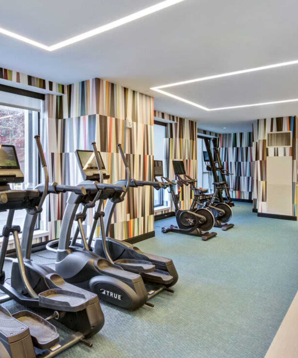 Treadmills in the fitness center at J Vue at The LMA in Boston, Massachusetts
