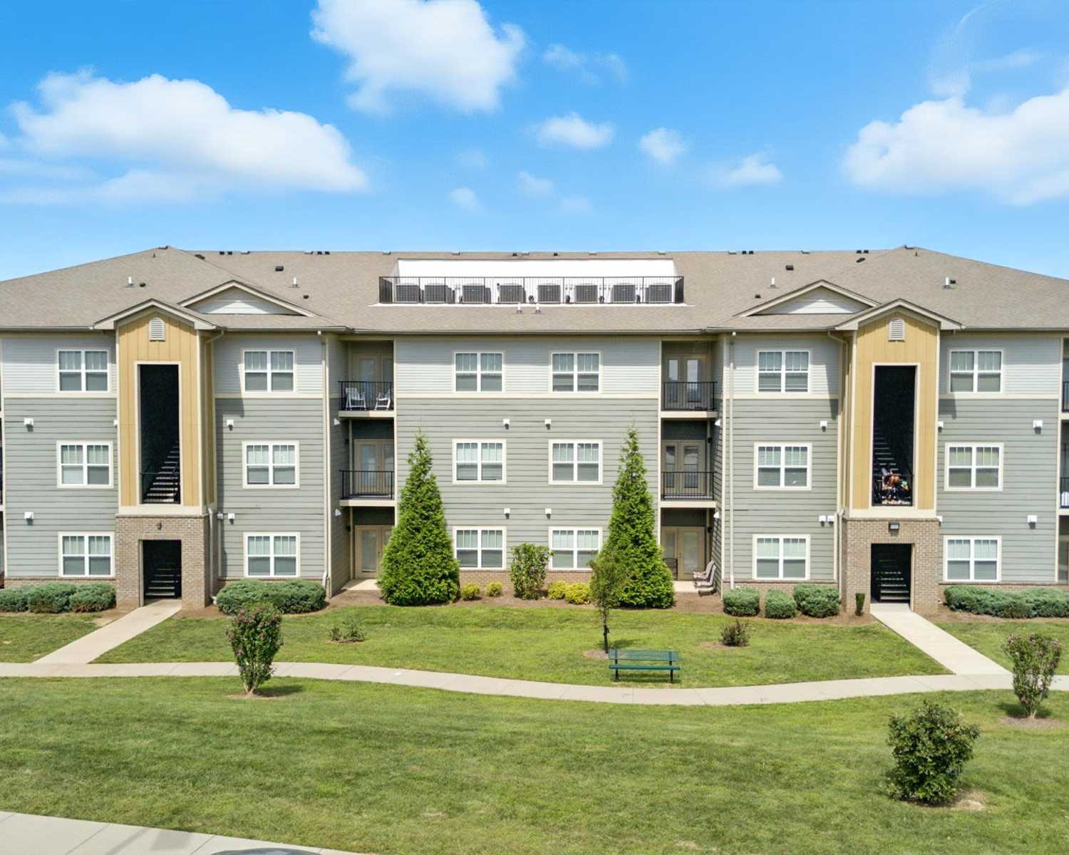 Exterior of the building at Bristol Bluffs Apartments in Louisville, Kentucky