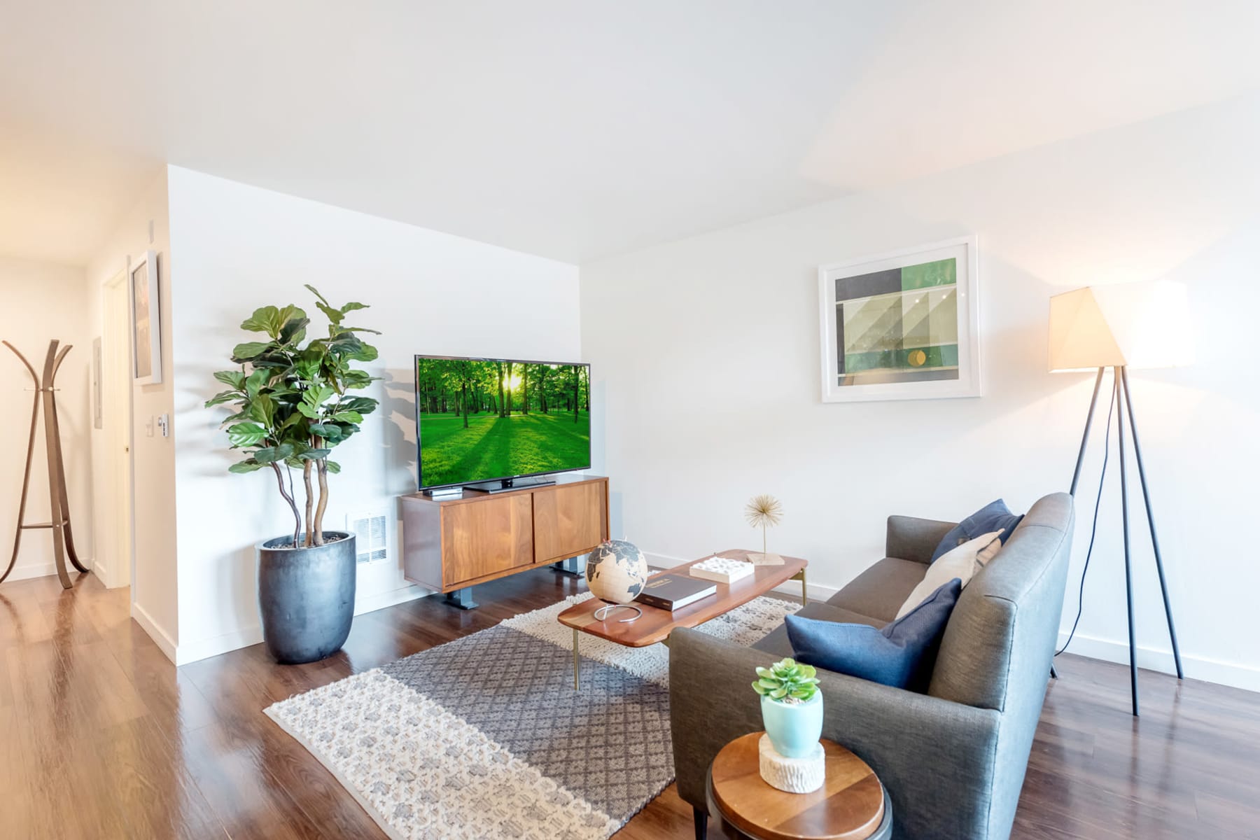 Living room at Rooster Apartments in Seattle, Washington