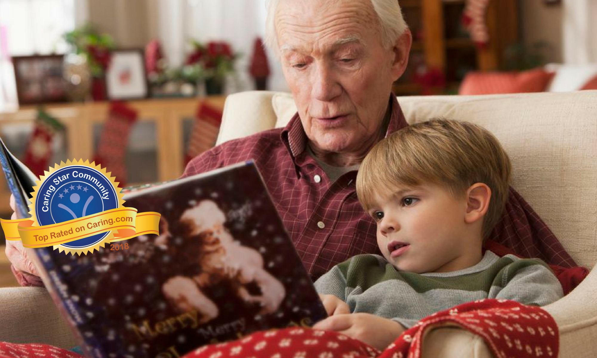 Senior reading a book to his grandson at Pacifica Senior Living Millcreek