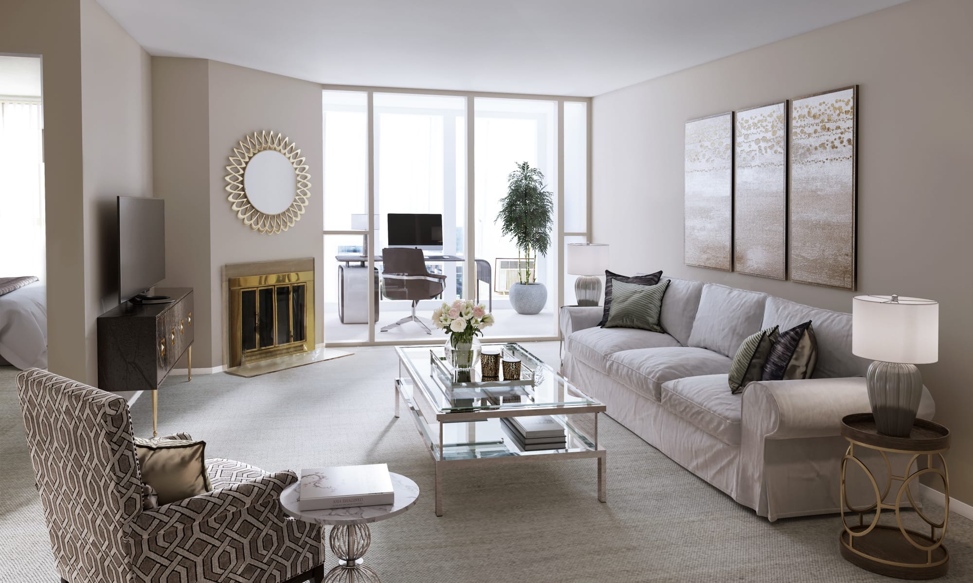 Modern living room at The Waterford Tower apartments