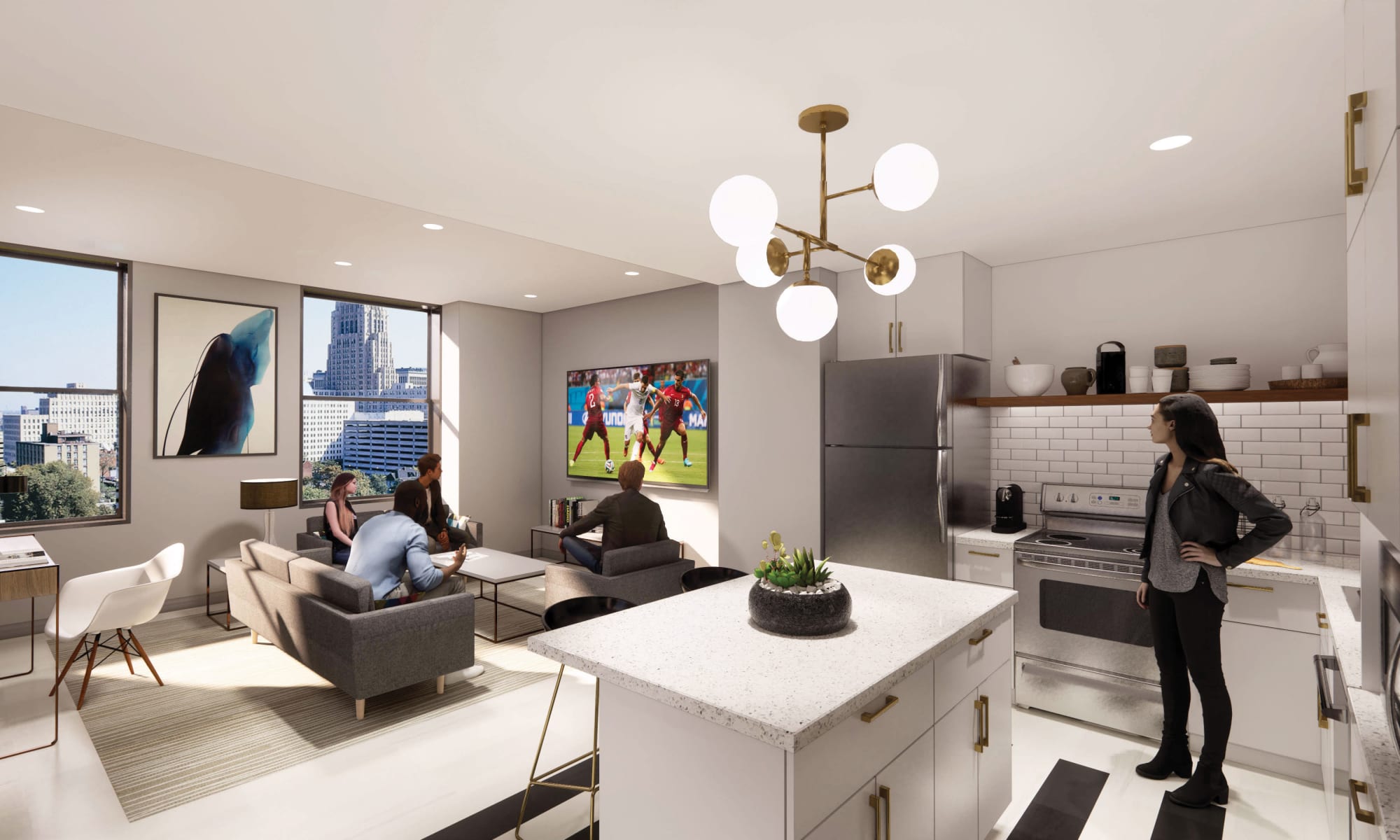 Residents enjoying their apartment at The Kahn in Detroit, Michigan