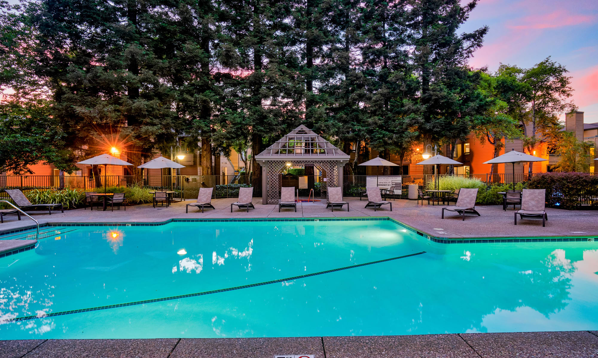 Pool at night at Shadow Creek Apartments in Santa Rosa, California