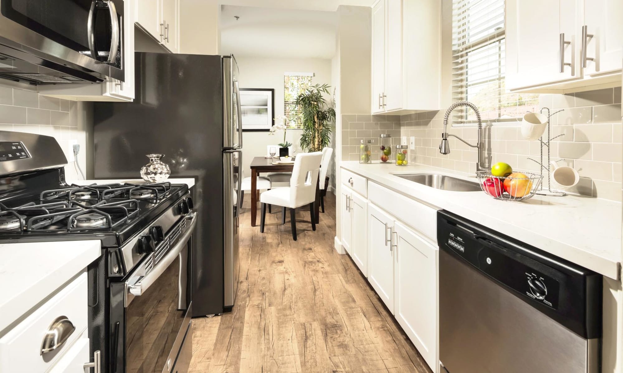 Bright kitchen with stainlesss-steeel appliances at Mission Hills in Camarillo, California
