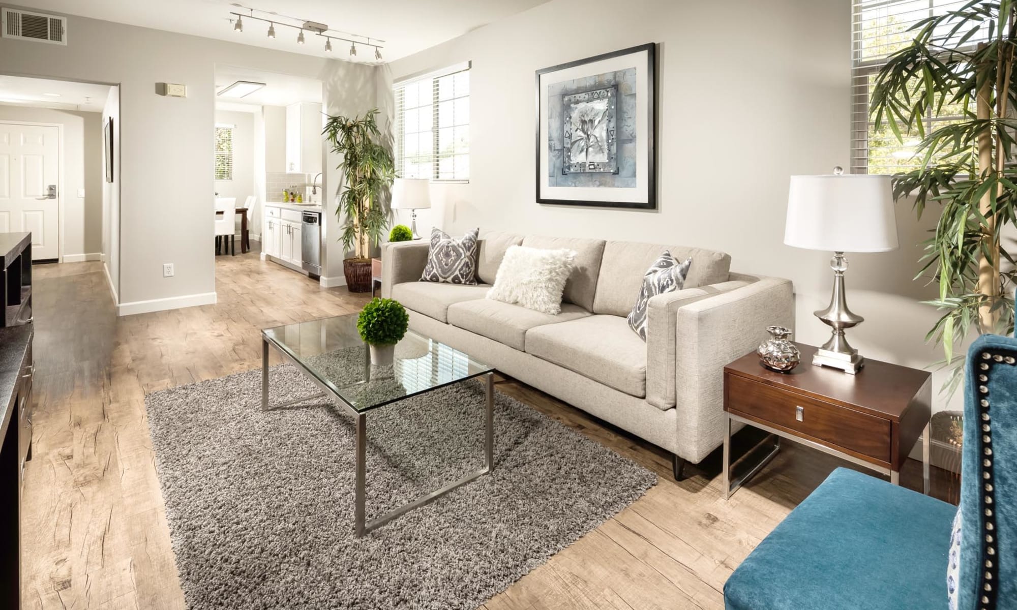 Well-furnished living area in a model apartment at Mission Hills in Camarillo, California