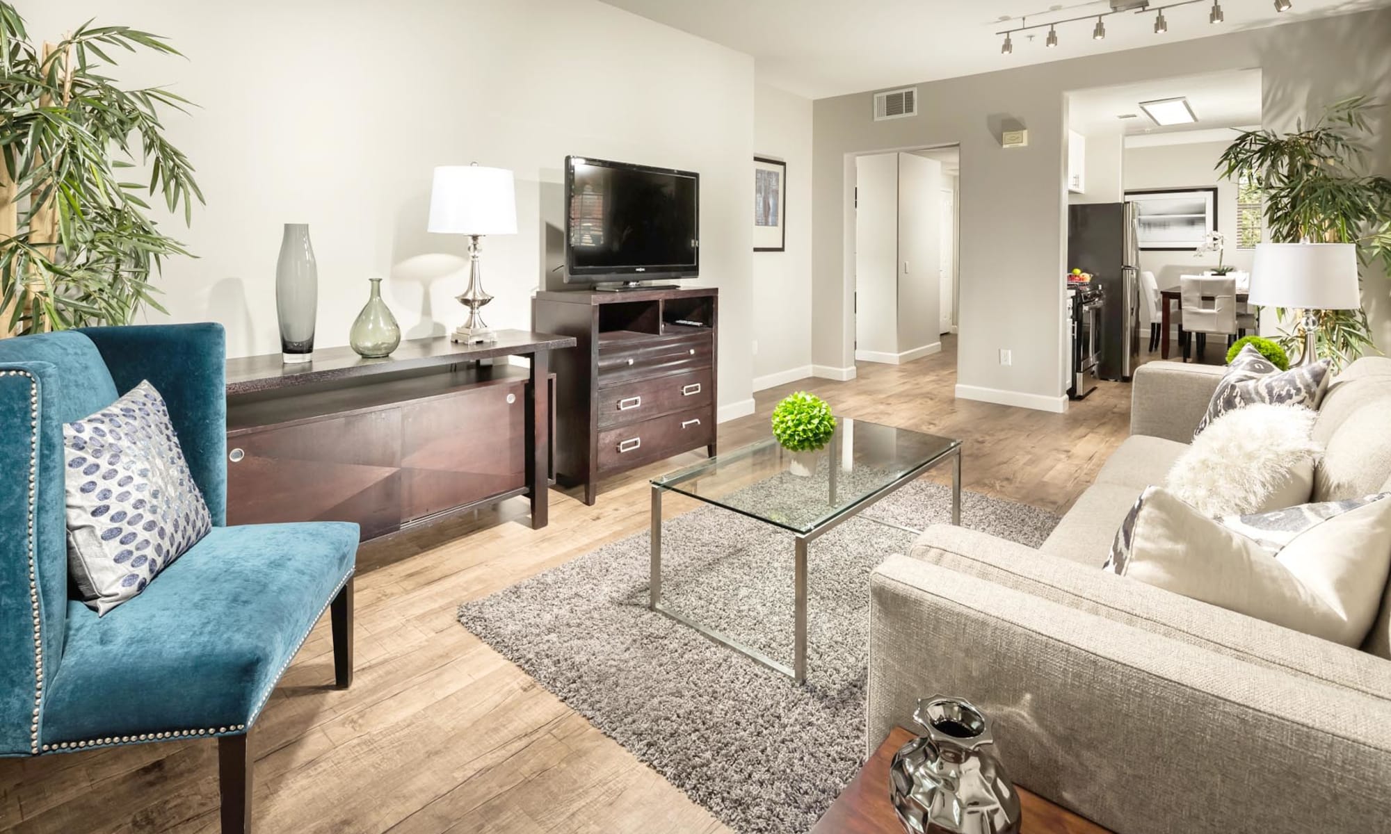 Beautiful hardwood flooring in a model home's living area at Mission Hills in Camarillo, California