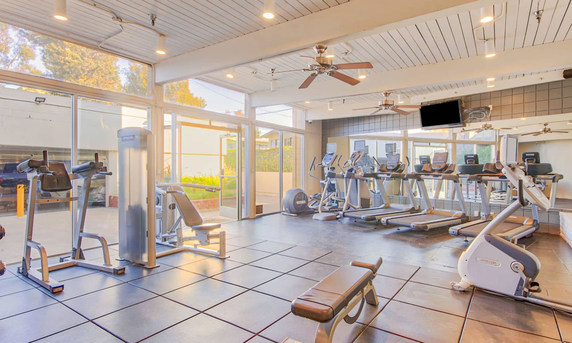 Well-equipped fitness center at Villa Vicente in Los Angeles, California