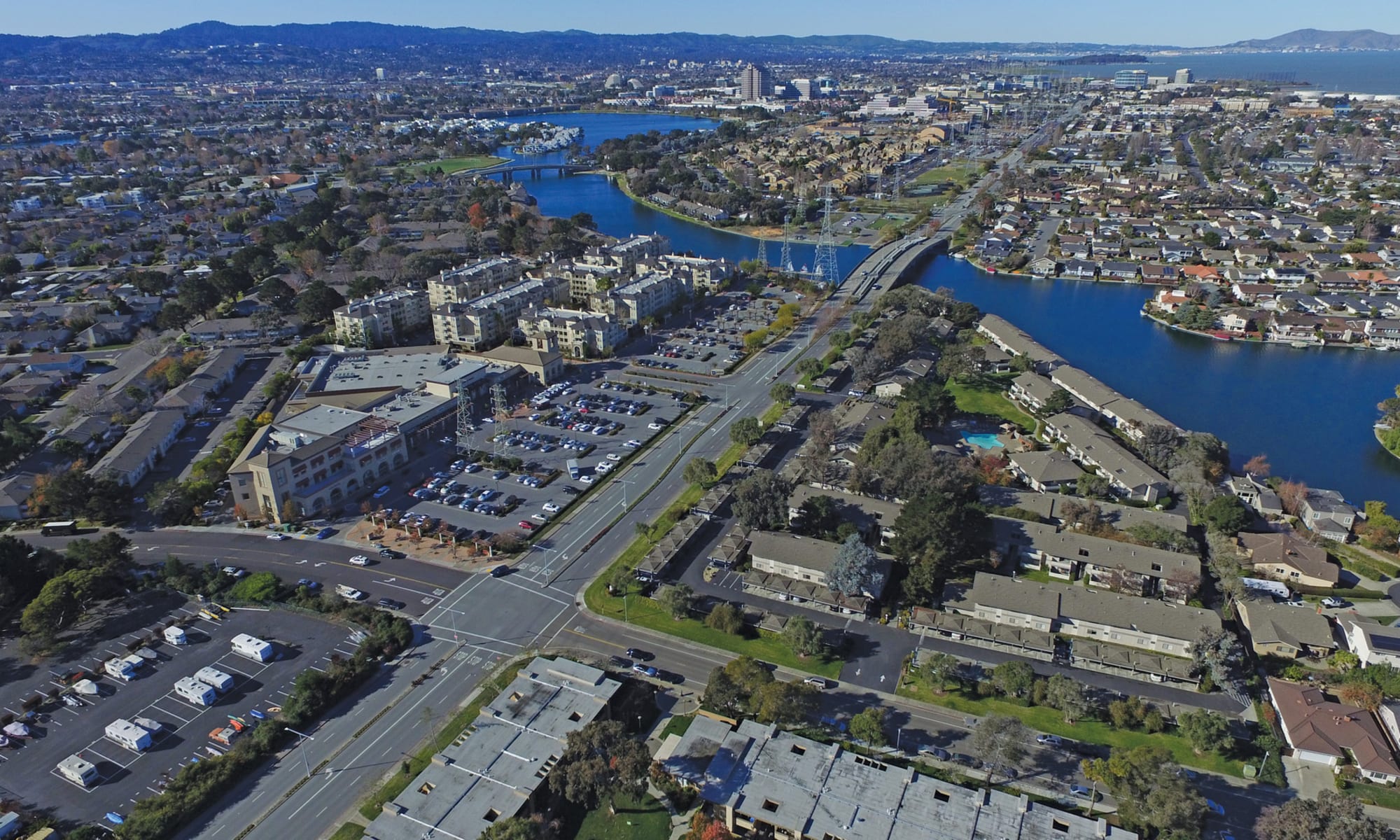 Aerial of the area at Shadow Cove in Foster City, California