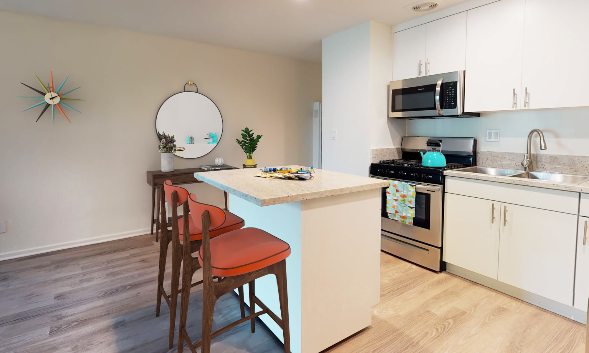 Stylish studio apartment's kitchen with granite countertop at Rancho Los Feliz in Los Angeles, California