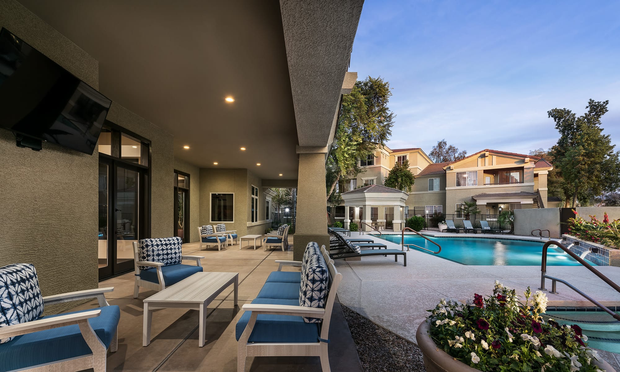 Welcoming pool area at The Reserve at Gilbert Towne Centre in Gilbert, Arizona